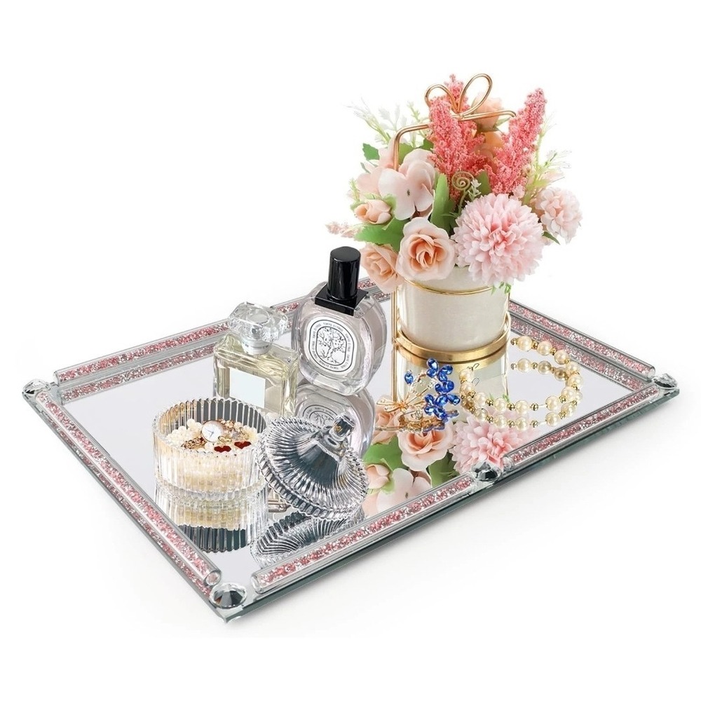 Mirror Perfume Tray for Dresser Pink Crushed Diamond Crystal Filled Glass Vanity